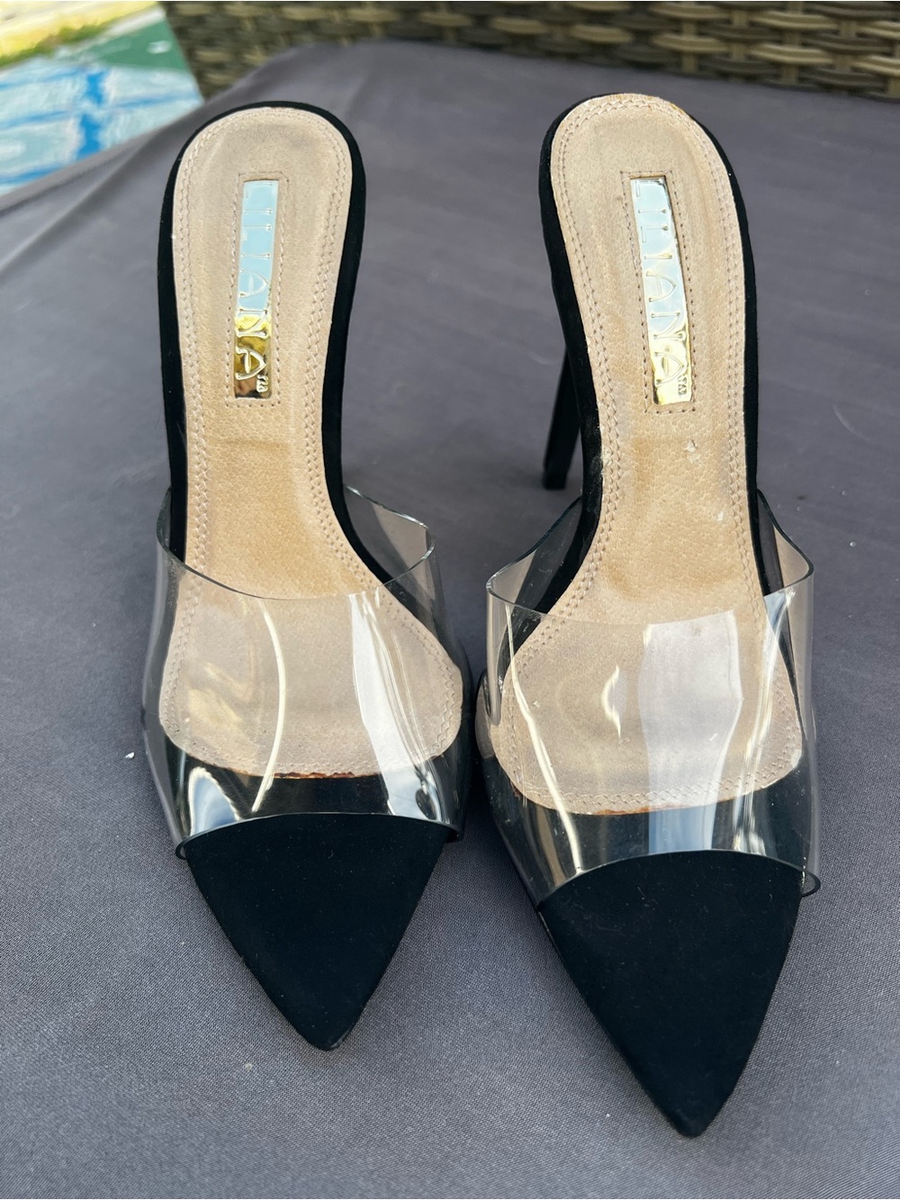 Iliana size 6 Black Pointed-Toe Clear Strap High Heel Mules